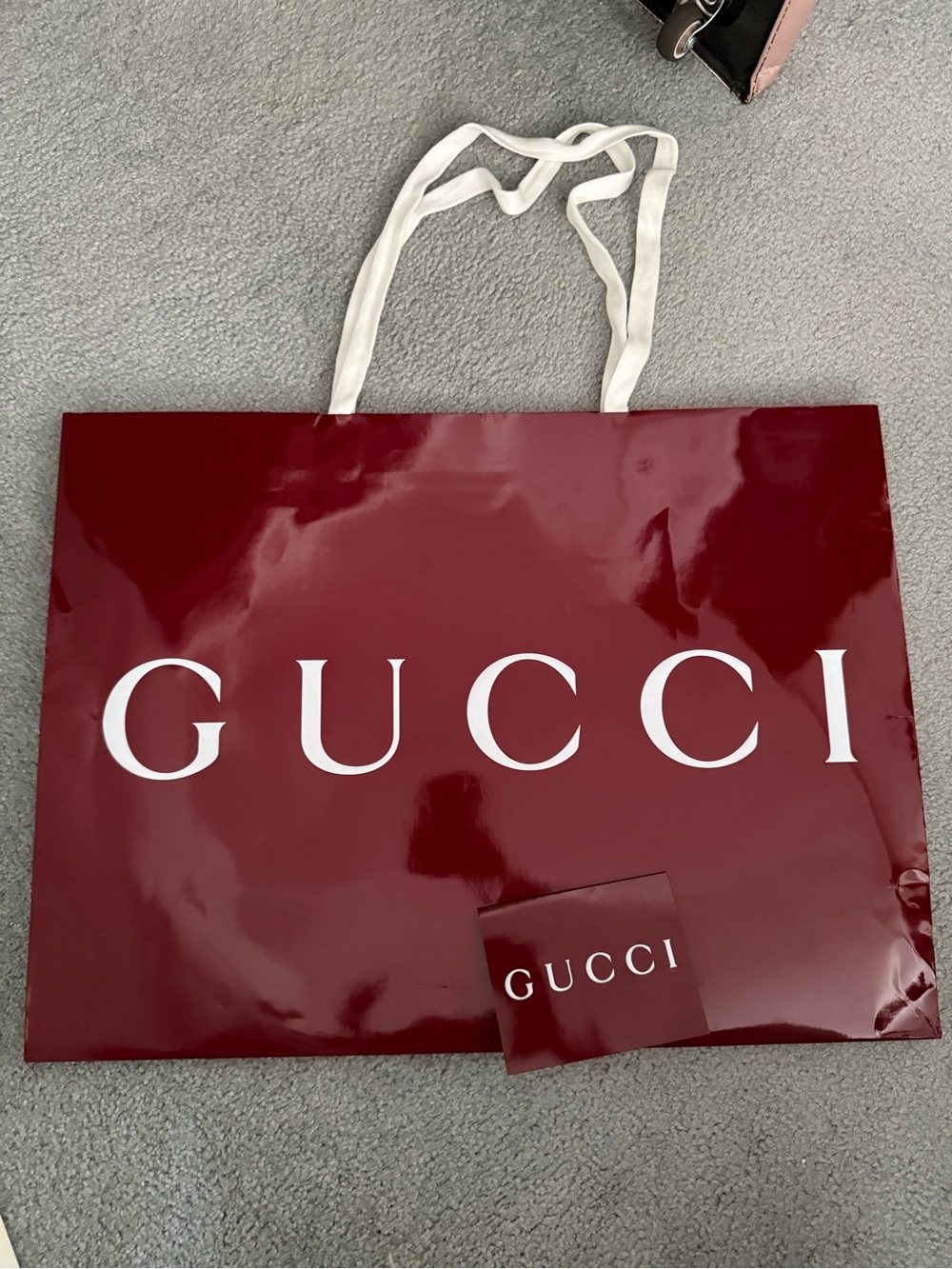 Gucci Deep Burgundy Glossy Shopping Bag with White Handles 23”x17”x8” NEW